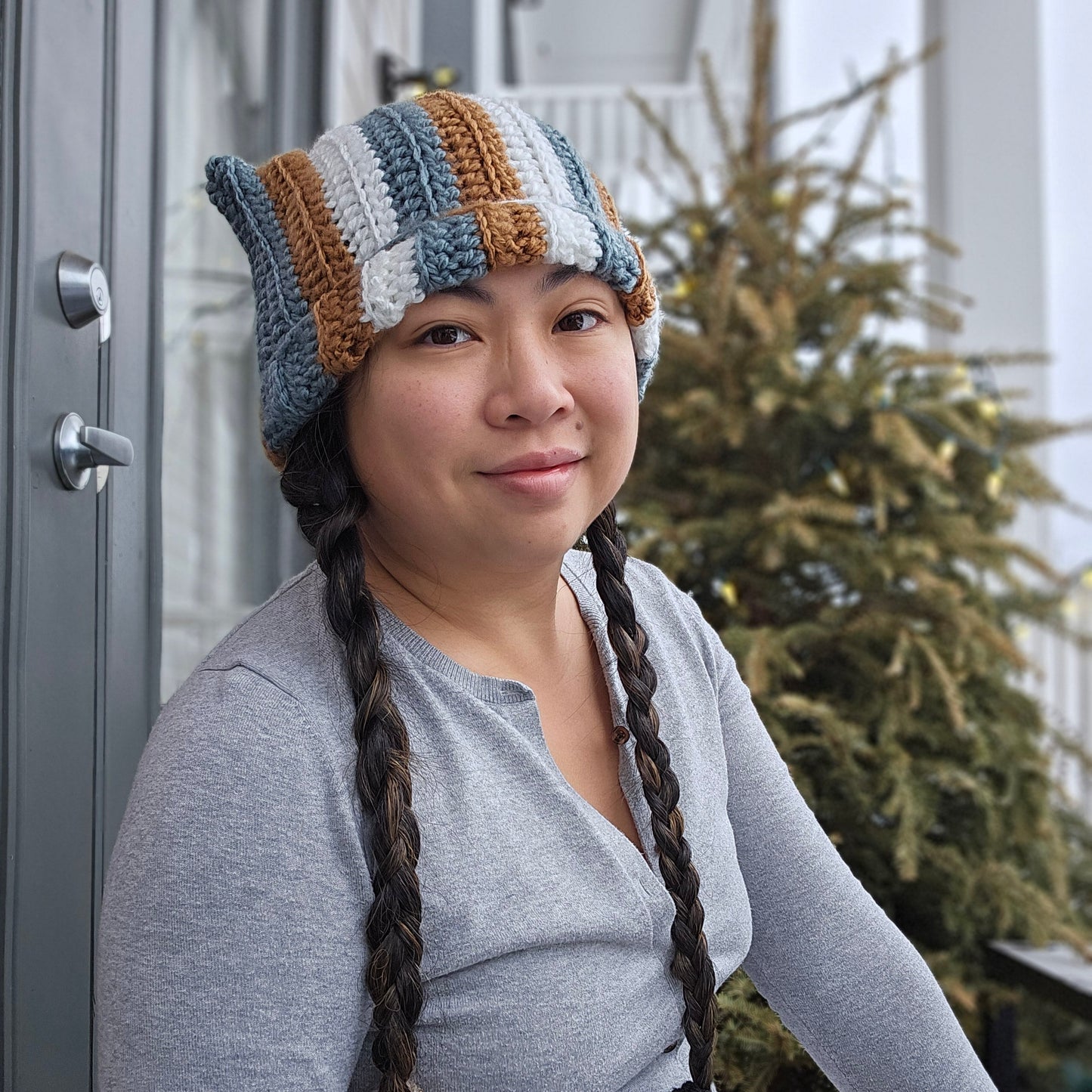 Crocheted Cat Beanie - Rib and Striped