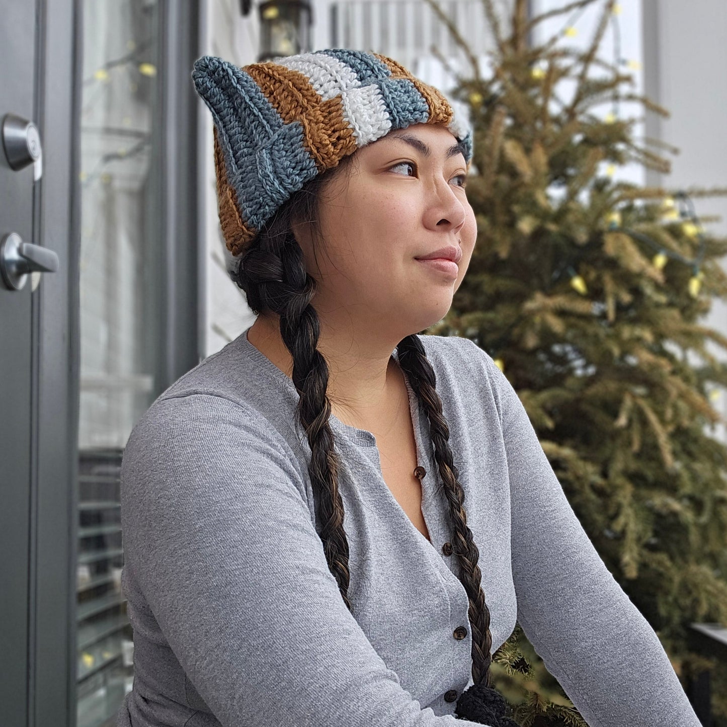 Crocheted Cat Beanie - Rib and Striped
